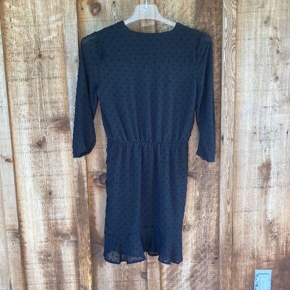 Q&A V-neck Wrap Ruched Clip Textured- Swiss Dot Mini Ruffle Dress in Black - Picture 6 of 11